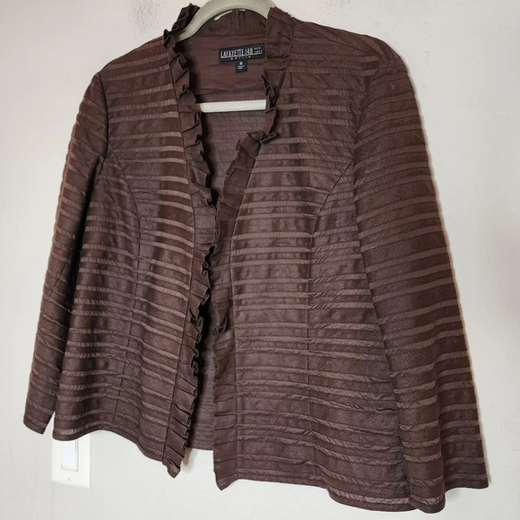 Lafayette 148 brown linen cotton ruffle blazer.  Women's size 14. - Picture 9 of 15